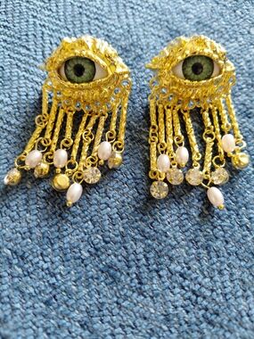 Gold Eye Fringe Earrings with Green Iris and Pearl Accents